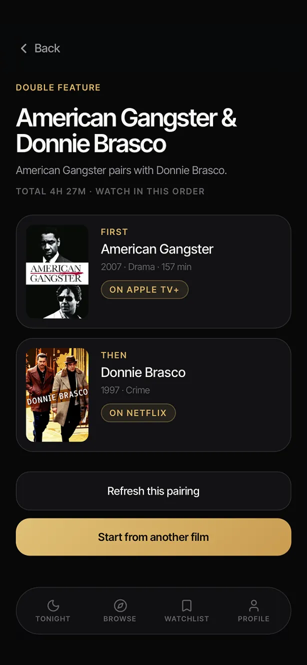 The Double Feature screen, pairing one movie with the movie to watch after it