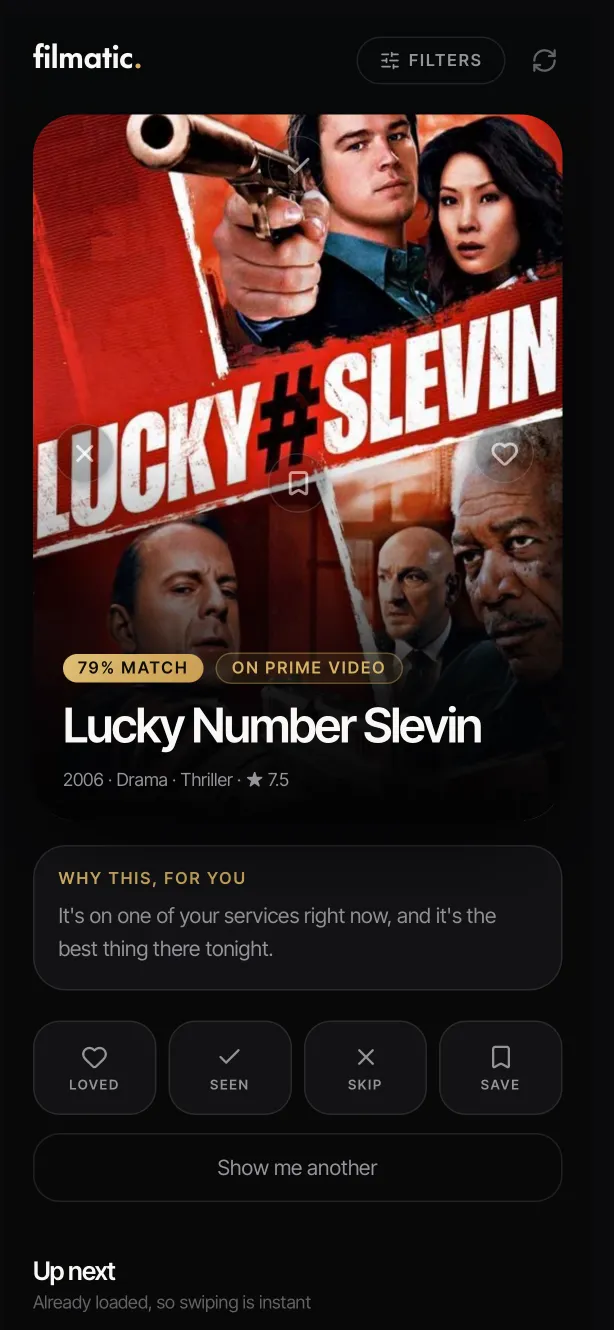 The Tonight screen, showing a single movie with the reason it was picked and where it is streaming