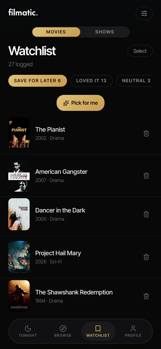 The watchlist screen, filtered by saved, loved, seen and skipped movies